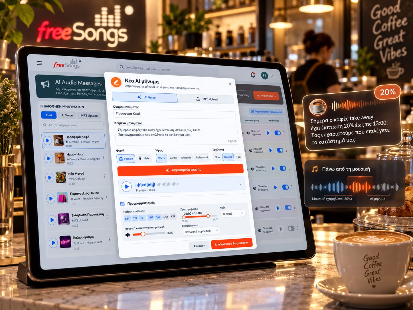 freeSongs Premium Plus AI μηνύματα και διαφημίσεις πάνω από τη μουσική